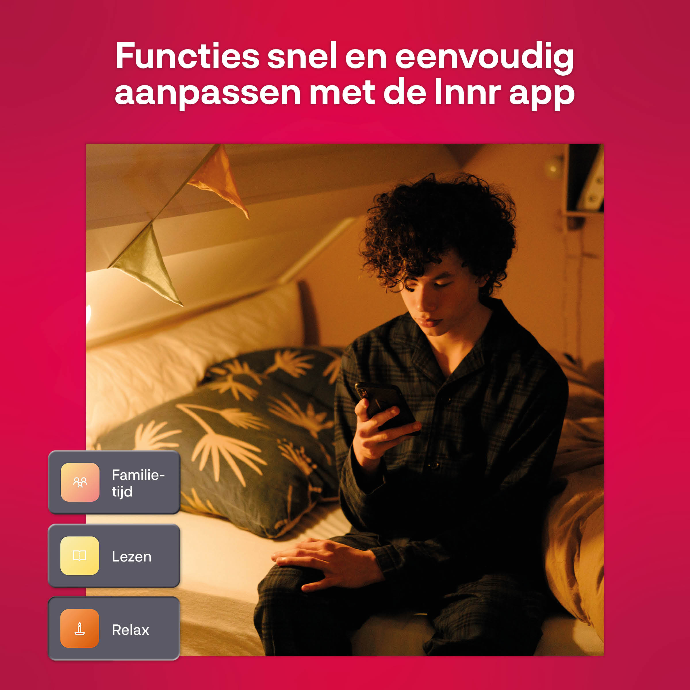 Jonge man op telefoon met verlichting en opties voor familie, lezen, relaxen.