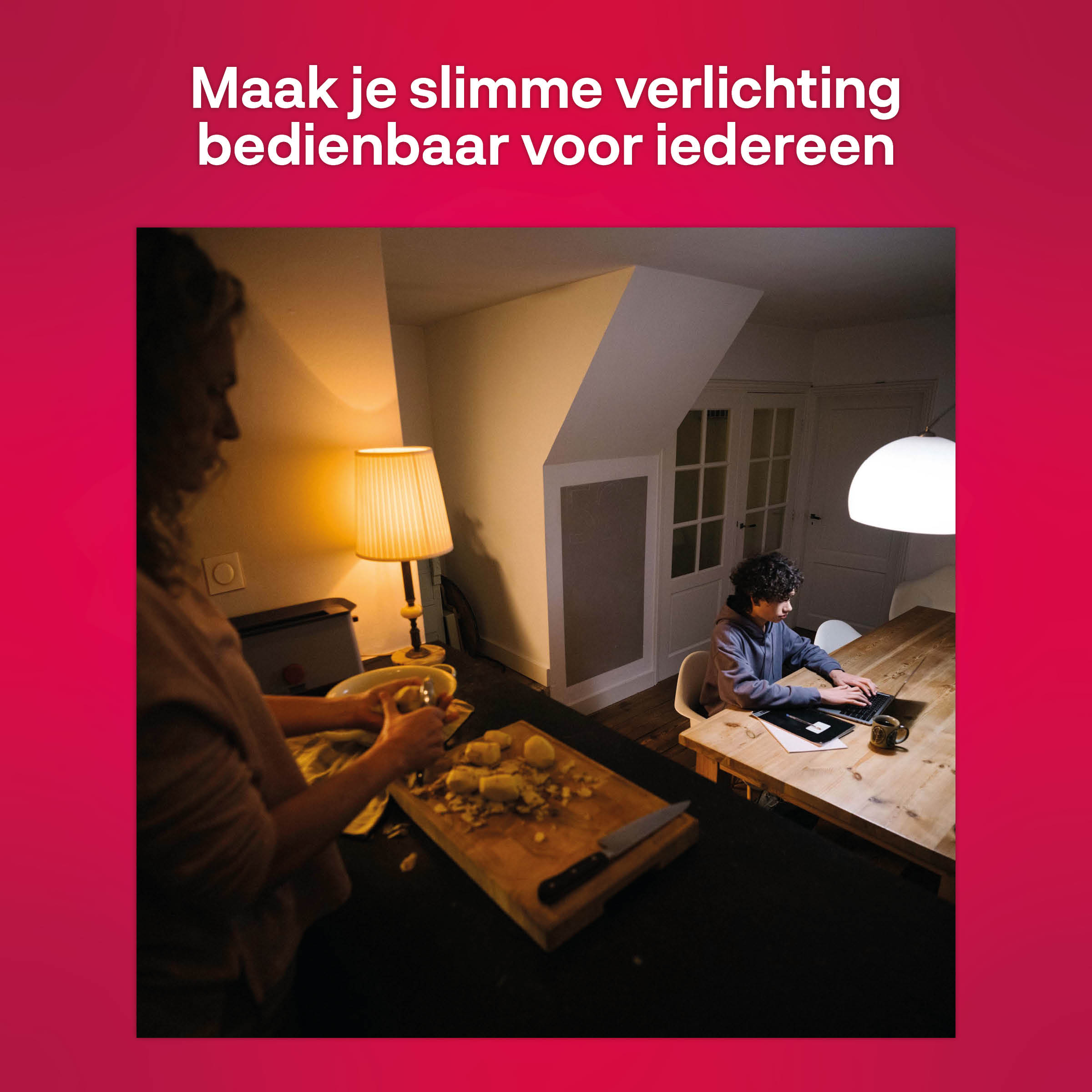 Een vrouw pelt aardappelen, een jongen werkt op een laptop. Een nachtkastje en lampen zijn zichtbaar.
