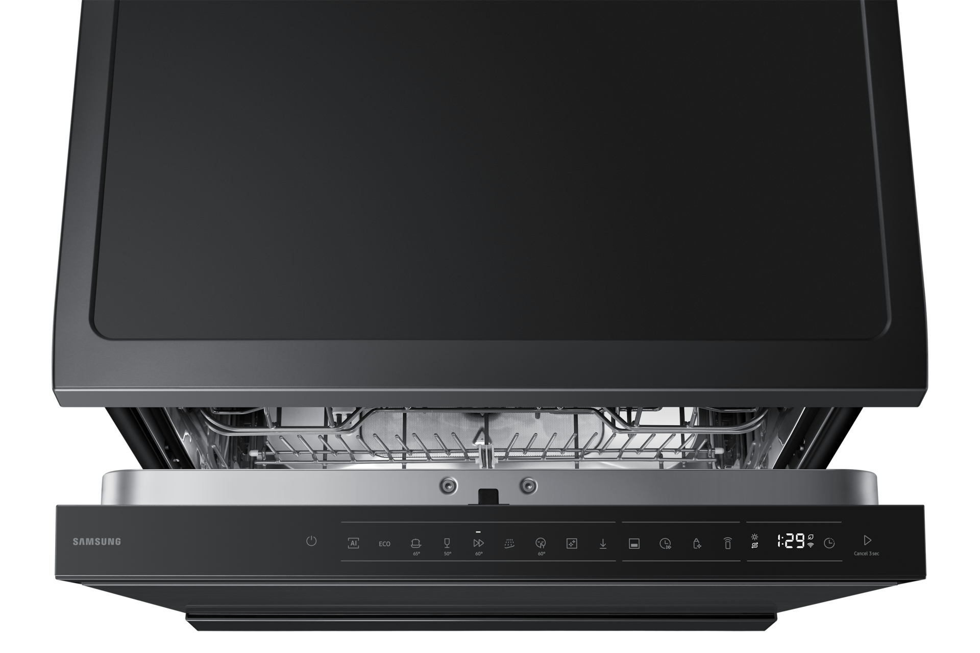 Eine schwarze Samsung Spülmaschine mit geöffneter Tür und Bedienfeld.