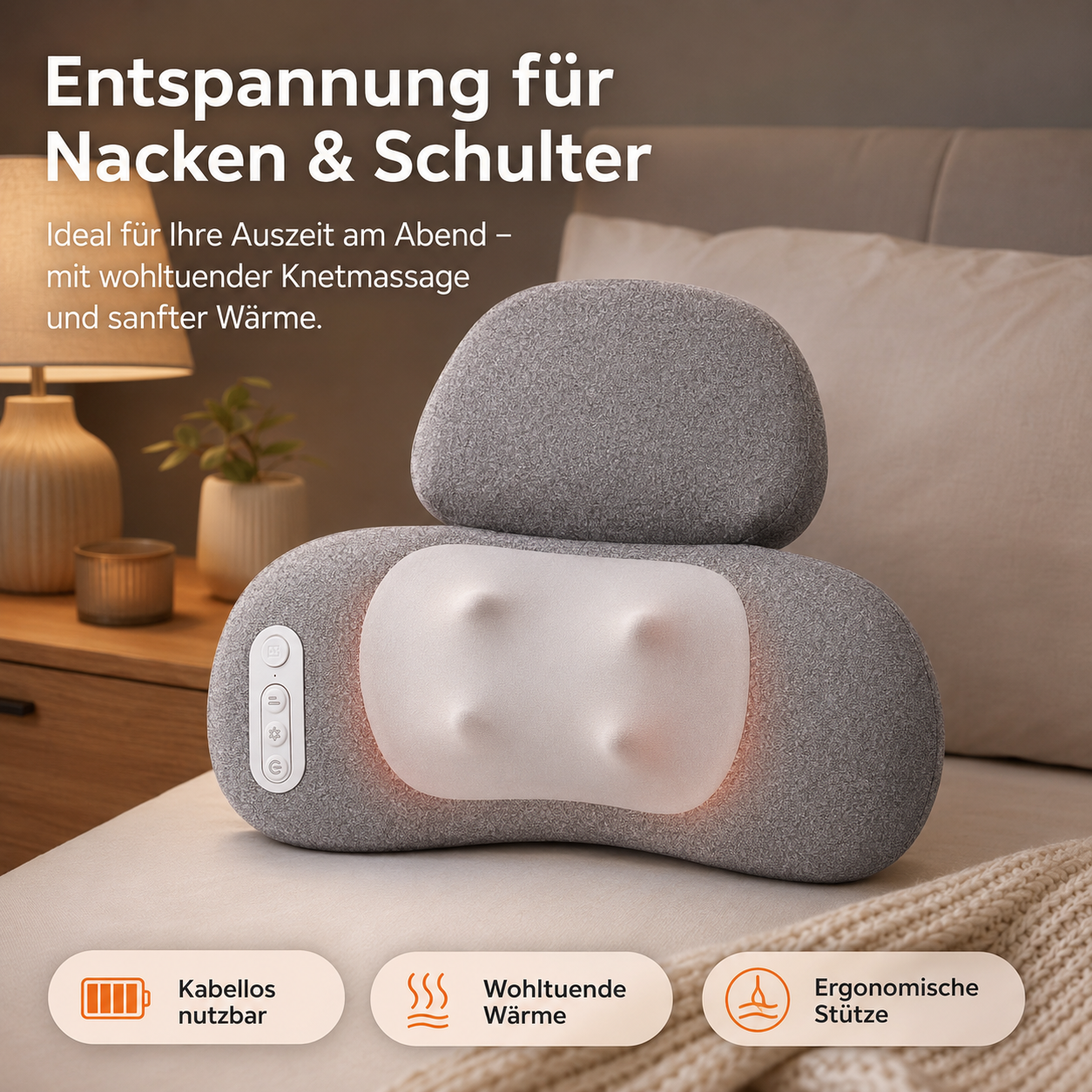 Graues Nackenmassagegerät mit Bedienelementen und Wärme auf einem Bett.