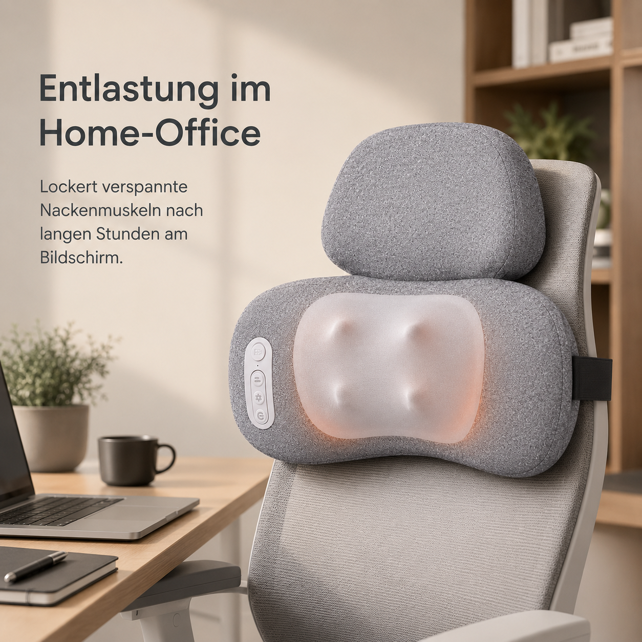 Graues Nackenkissen mit Massagefunktion auf einem Bürostuhl, neben einem Laptop.