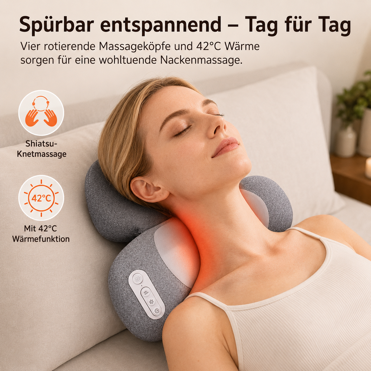 Eine Frau entspannt sich mit einer Nackenmassage und Wärmefunktion.