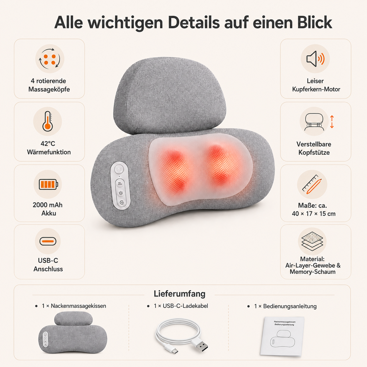 Graues Nackenkissen mit Massageköpfen, Wärme, Akku, USB-C, Motor, Kopfstütze & Maßen.