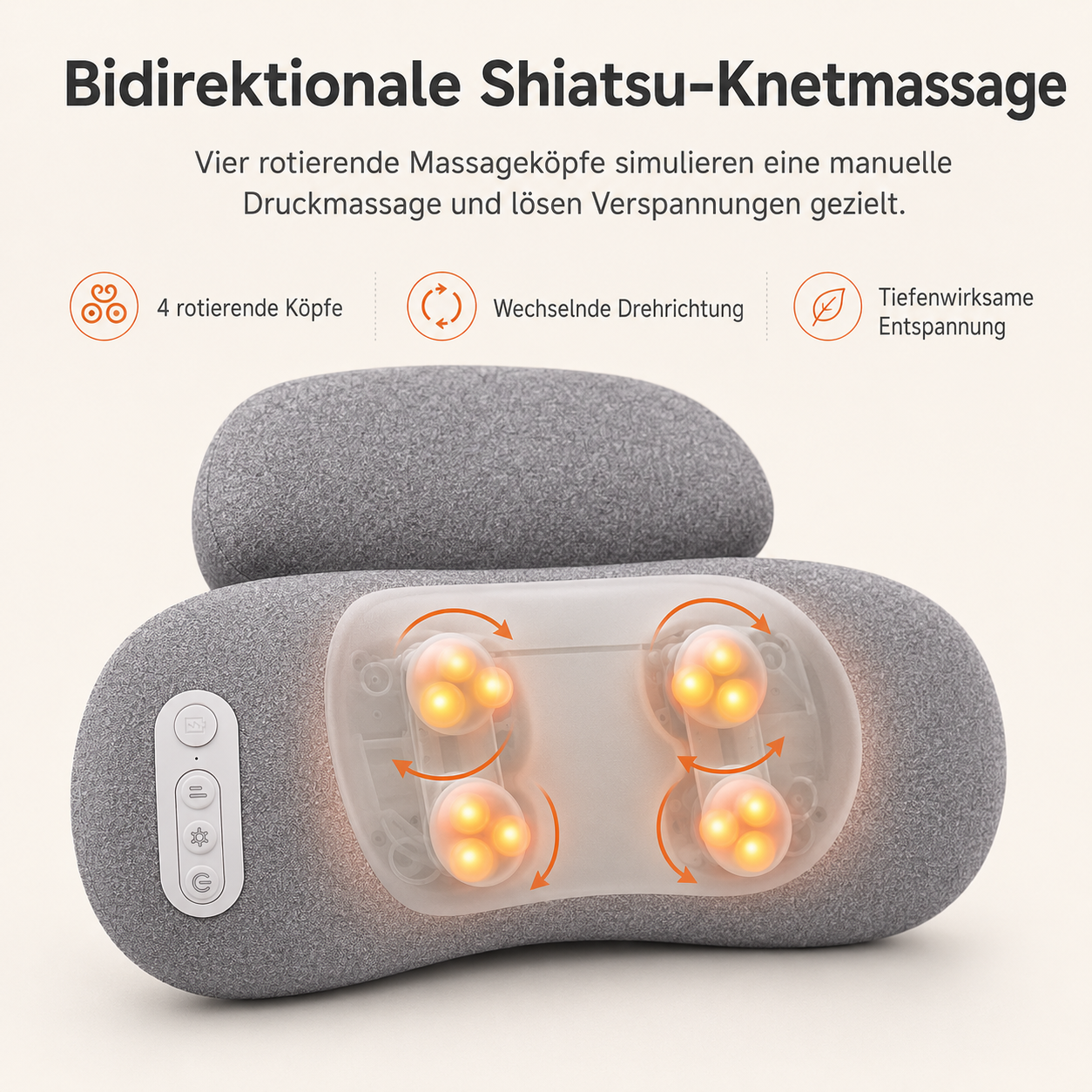 Grauer Nackenmassager mit 4 leuchtenden Shiatsu-Knetköpfen und Bedienknöpfen.