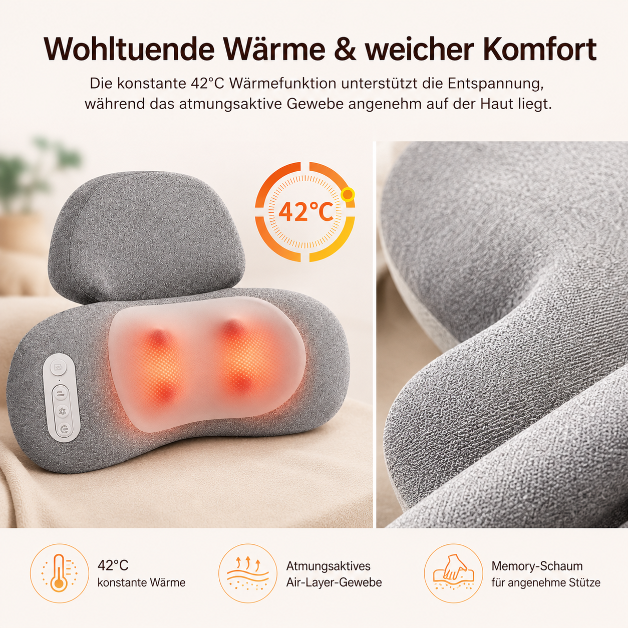 Graue Massagekissen mit 42°C Wärmefunktion und Massageköpfen.
