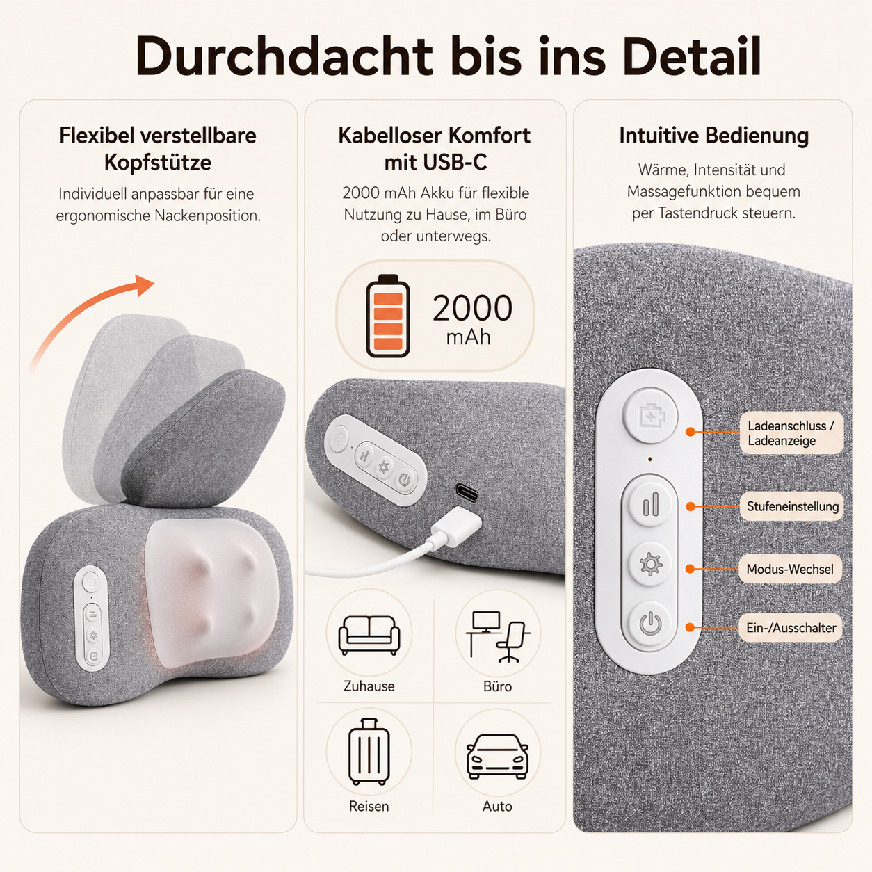 Nackenmassagegerät mit Ladeanzeige, Stufen- und Moduswahl, Ein-/Ausschalter.