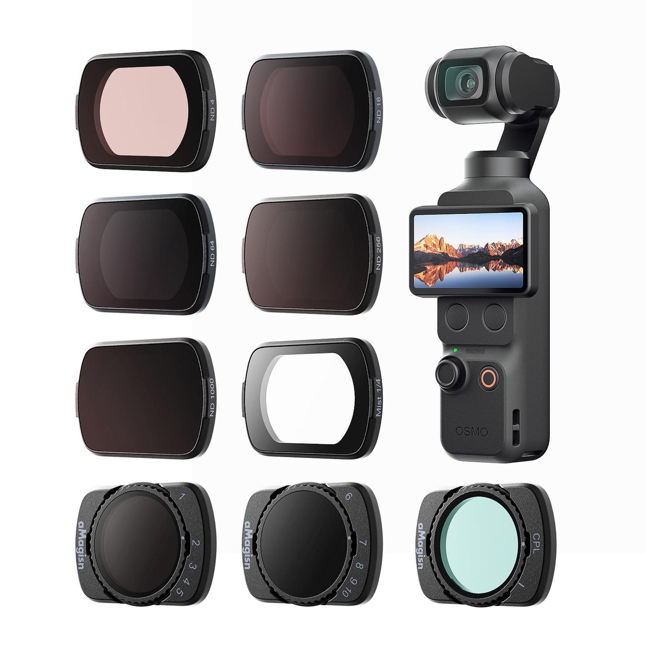Eine Sammlung von Objektivfiltern und einem Osmo Gimbal-Stabilisator mit Kamera.