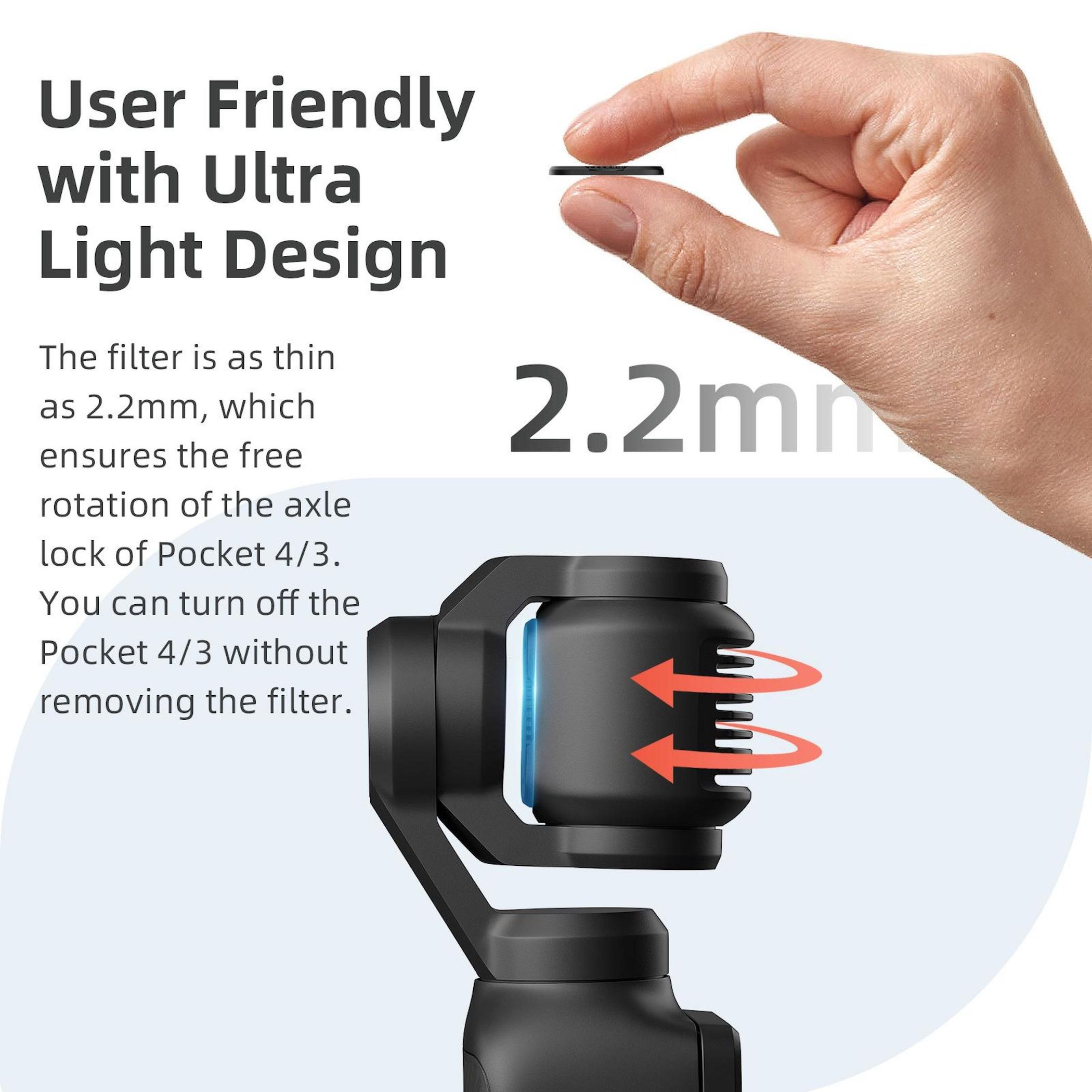 Ein Finger hält ein dünnes 2,2 mm Objekt. Gimbal-Teil mit roten Pfeilen.
