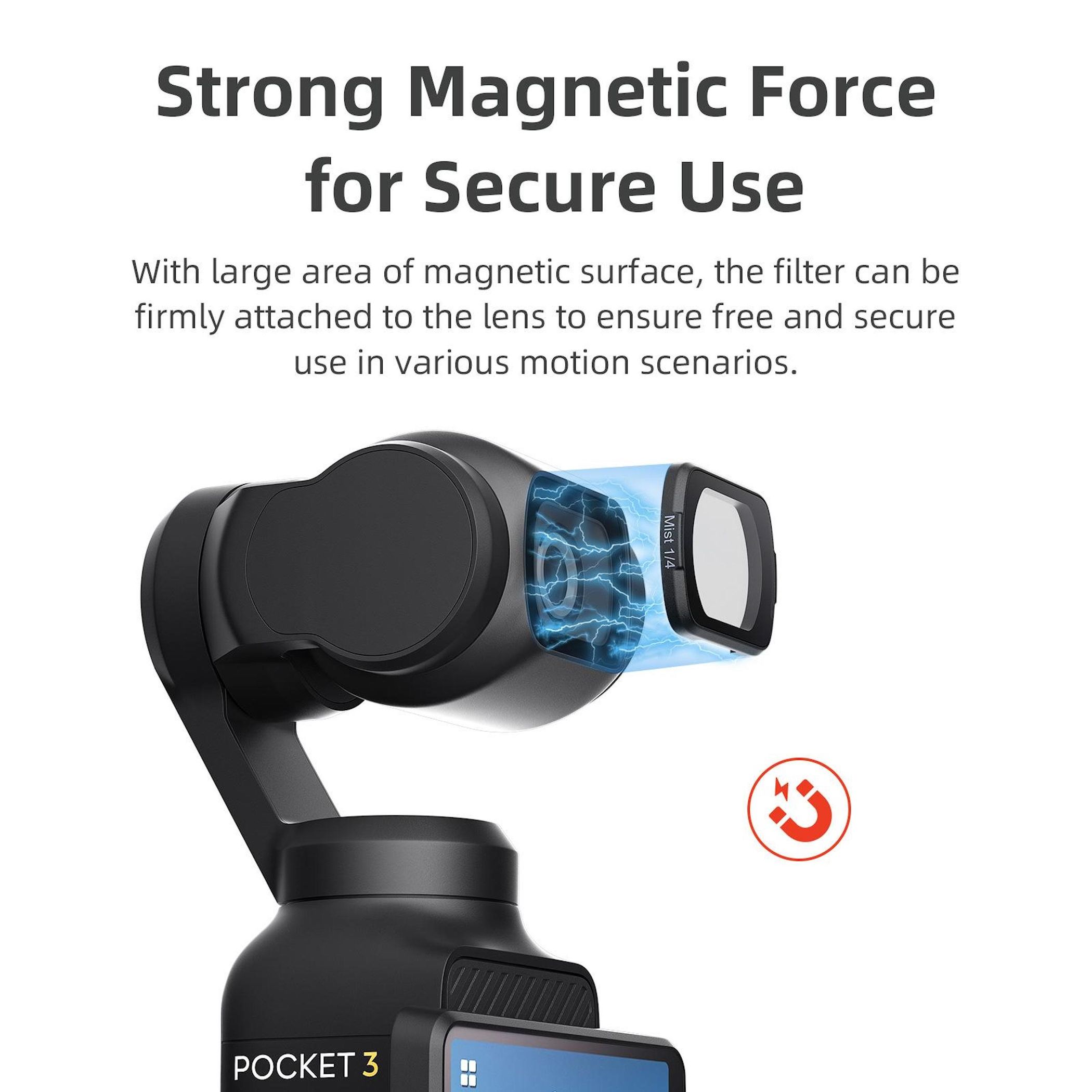 Ein Gimbal mit magnetischem Filteranschluss, der für sichere Anwendung wirbt.