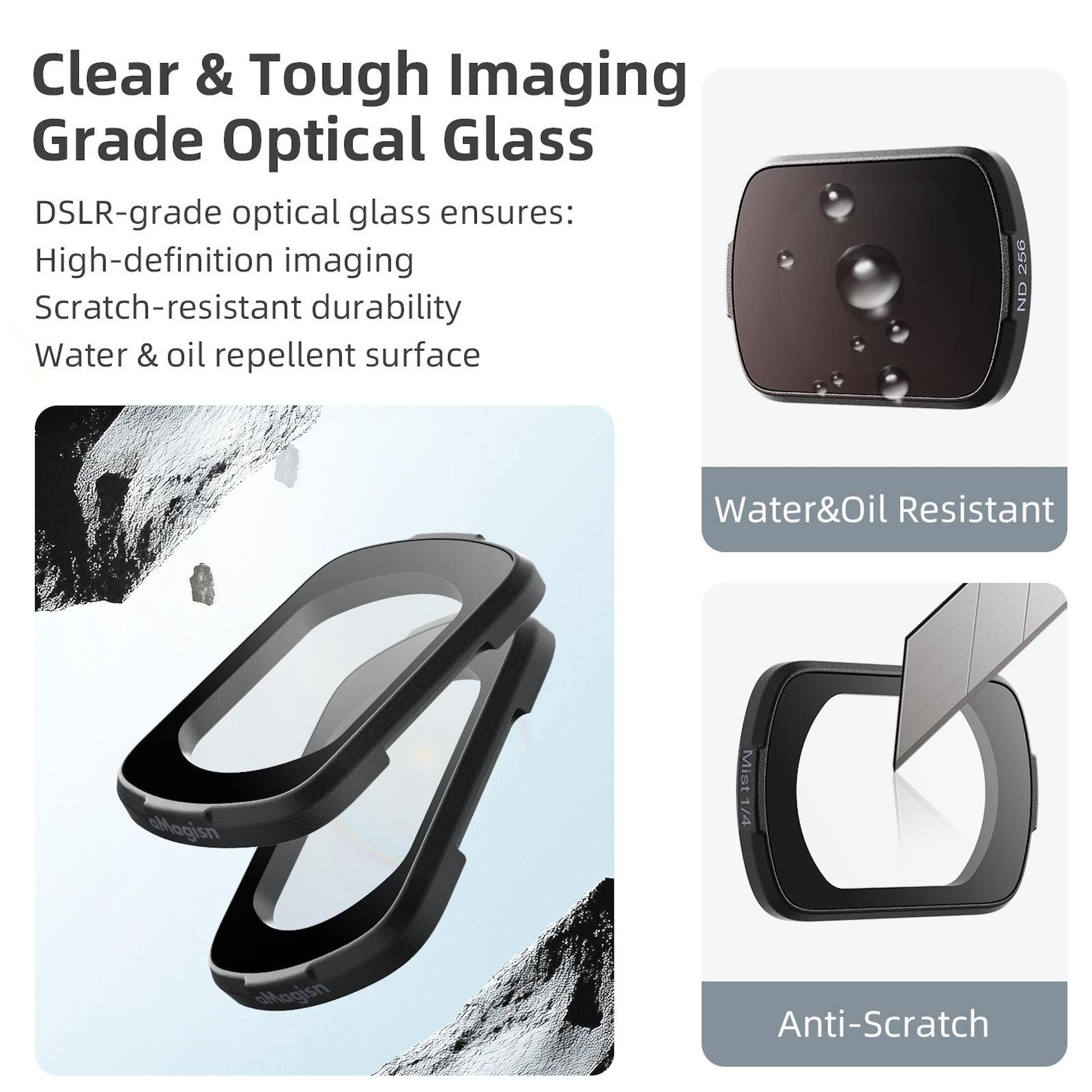 Klare und widerstandsfähige optische Glaslinse mit ND 256-Filter und Kratzschutz.