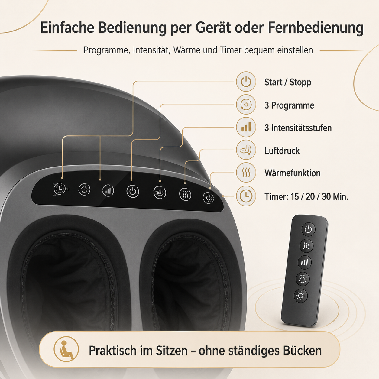 Fußmassagegerät mit Fernbedienung, zeigt Bedienelemente für Timer, Wärme, Intensität.