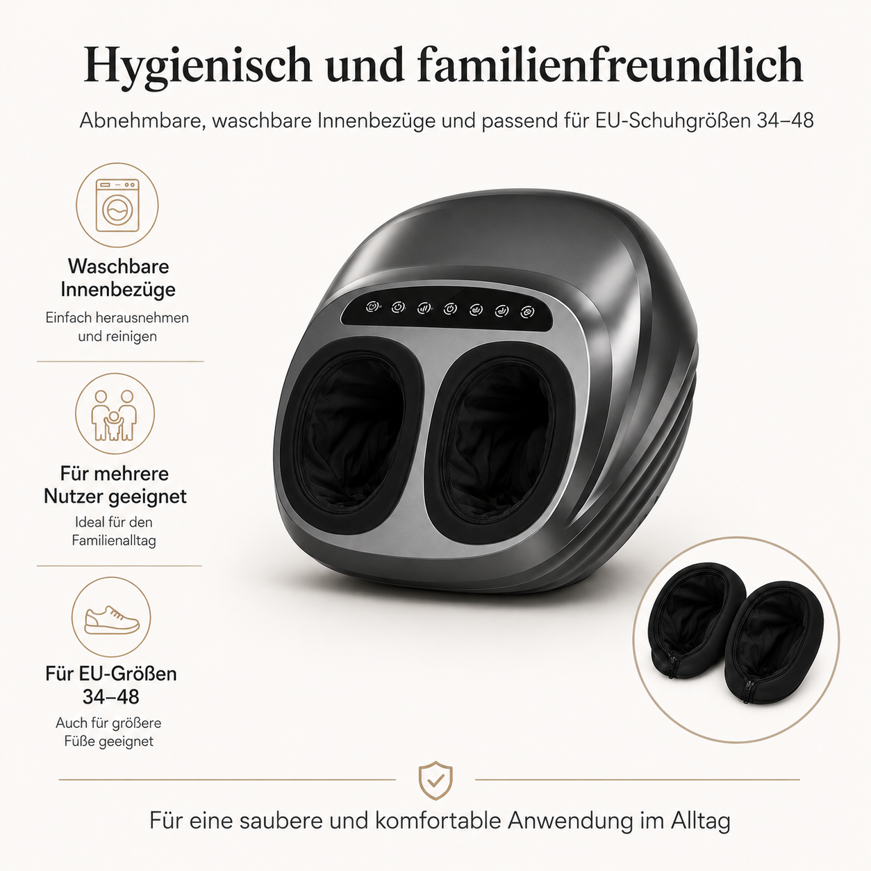 Ein Fußmassagegerät mit zwei Öffnungen, abnehmbare Bezüge und Text für Größe 34-48.