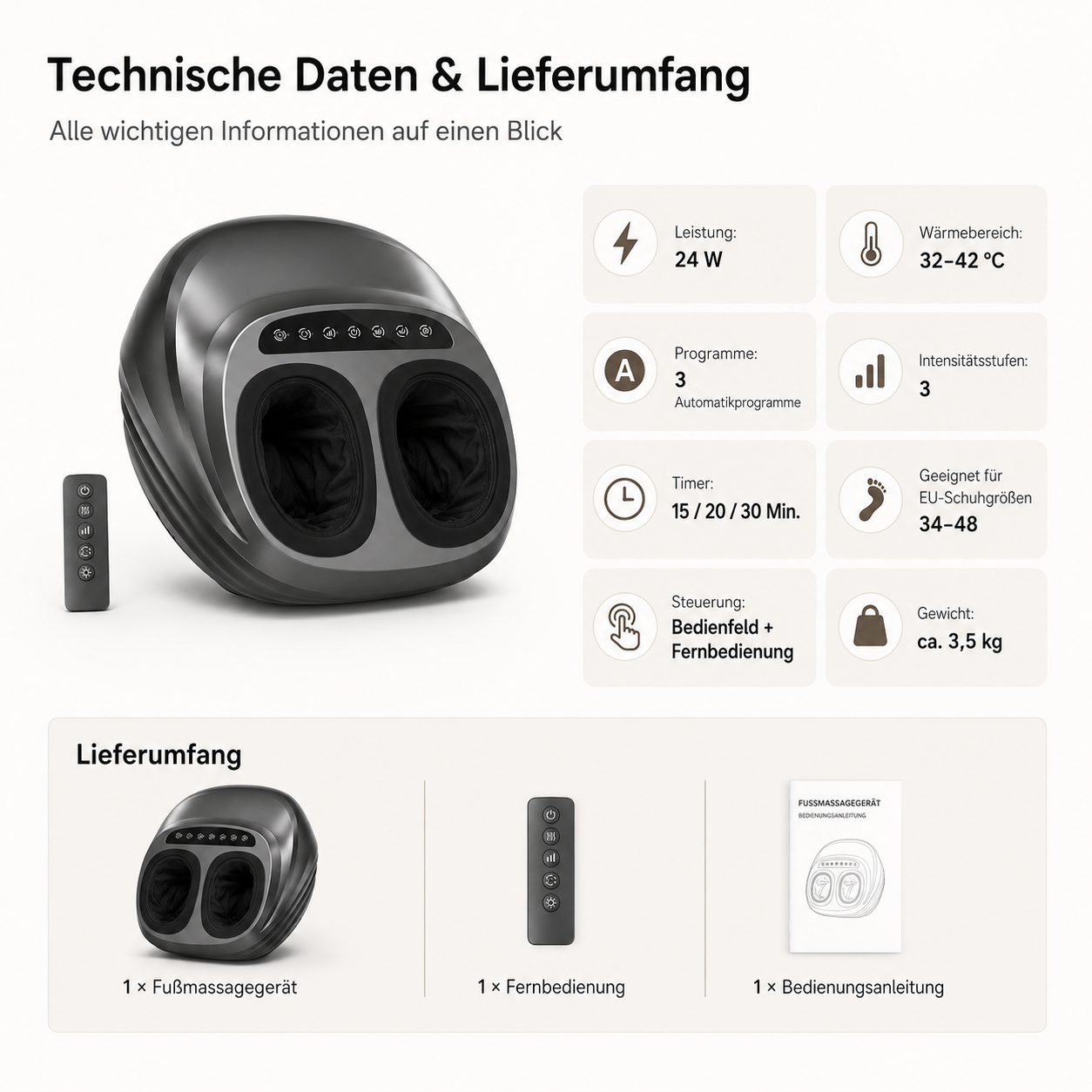 Graues Fußmassagegerät mit Fernbedienung, technische Daten und Lieferumfang.