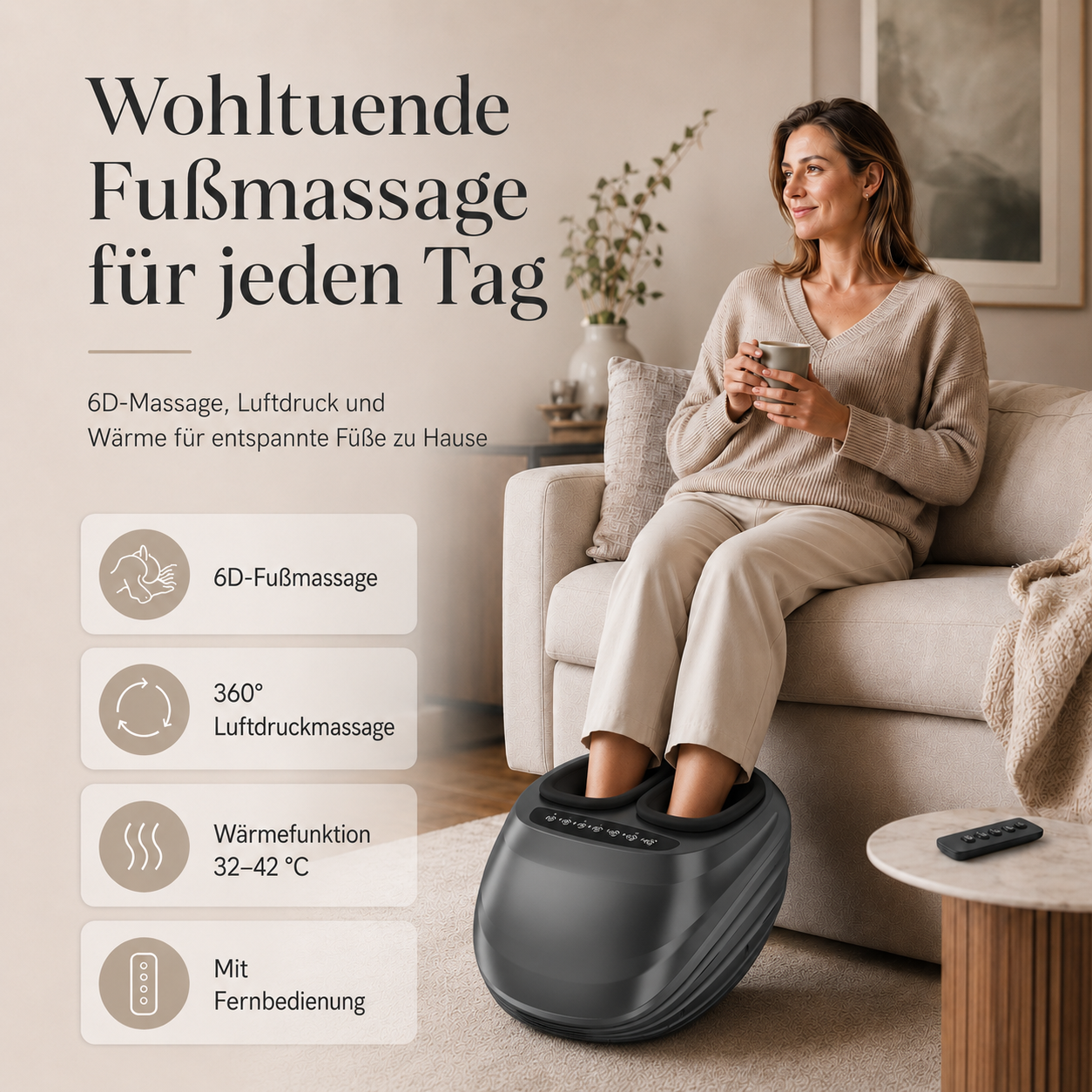 Frau entspannt auf Sofa mit Fußmassagegerät, hält Tasse.