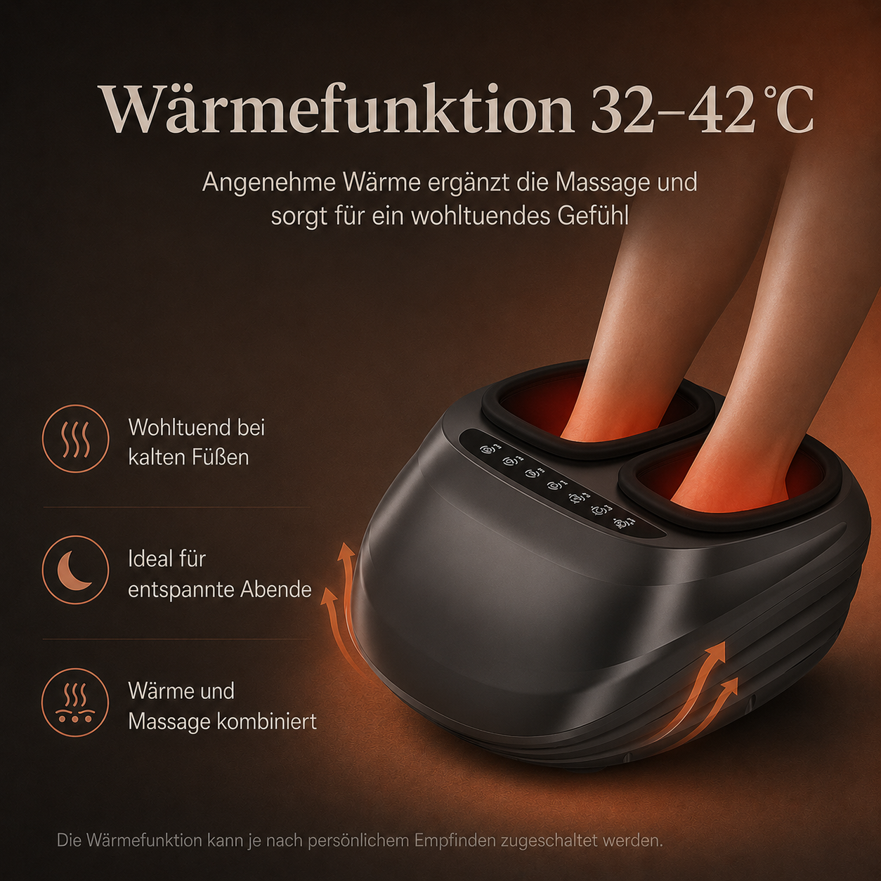 Ein Fußmassagegerät mit Wärmefunktion, das Füße von 32-42°C wärmt.