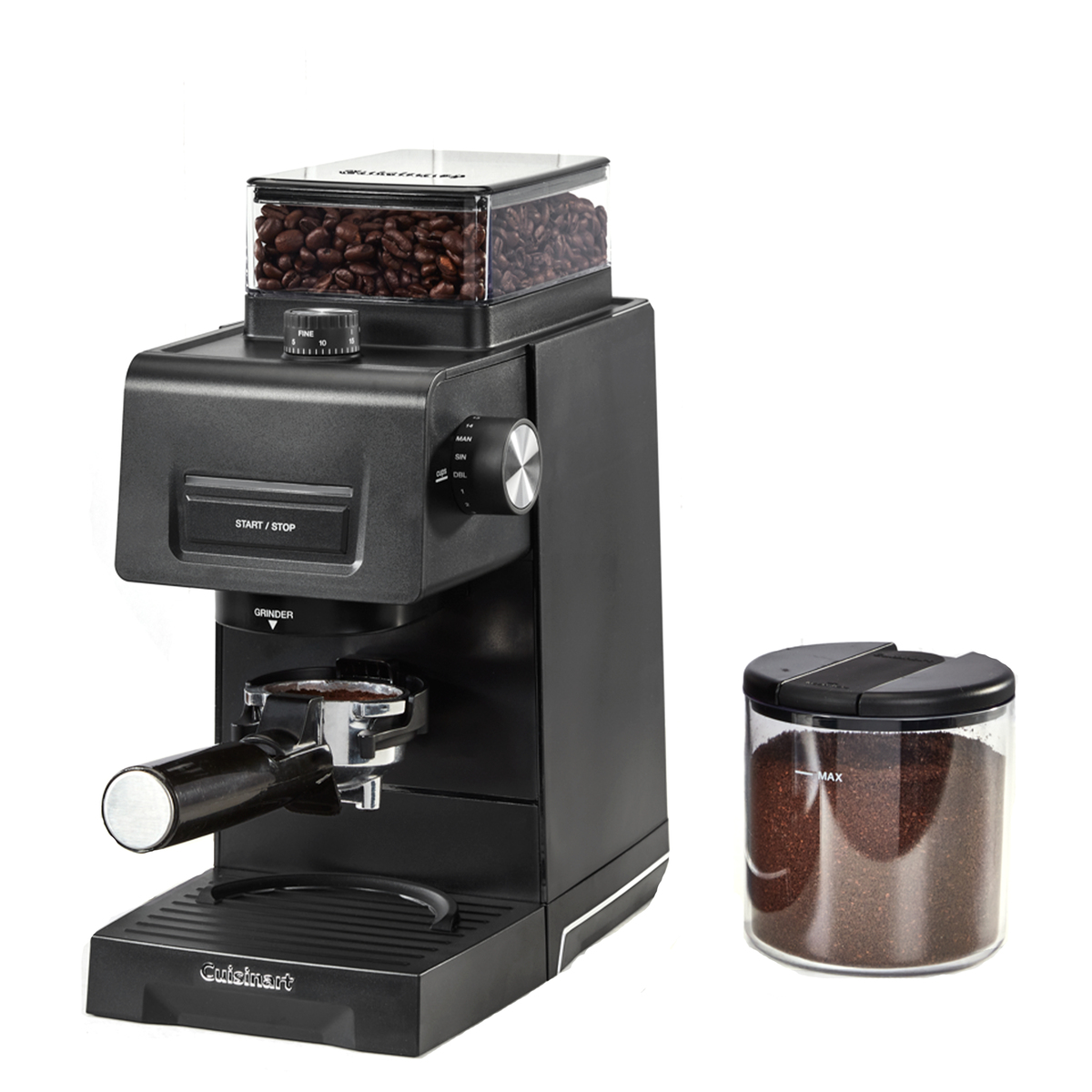Schwarze Kaffeemühle mit Bohnenbehälter und gemahlenem Kaffee.