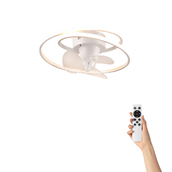 Luce da soffitto bianca con ventilatore e telecomando in mano.
