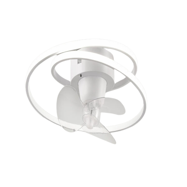 Un ventilatore da soffitto bianco con luce ad anello integrata e pale trasparenti.