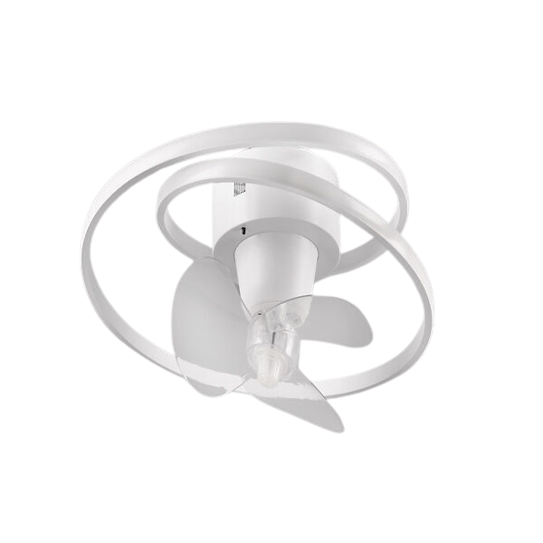 Un ventilatore da soffitto bianco con pale trasparenti e una luce ad anello a spirale.