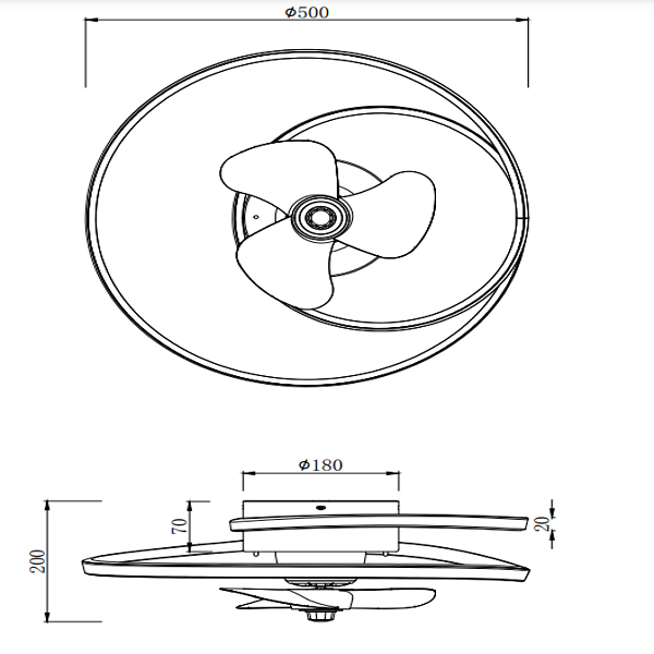 Disegno tecnico di un ventilatore da soffitto con dimensioni: Ø500, Ø180, 200, 70, 20.