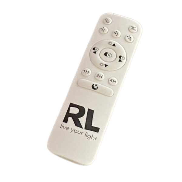 Telecomando bianco con logo RL e pulsanti timer.