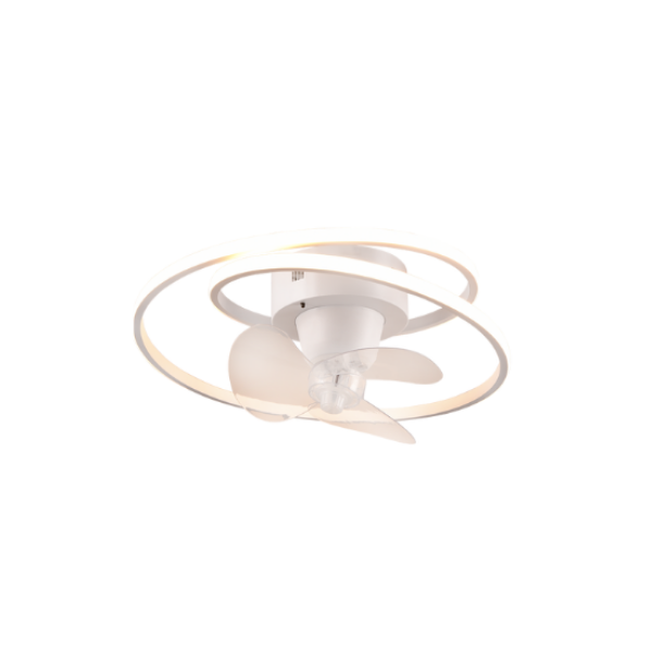 Un ventilatore da soffitto bianco con anello luminoso integrato ed eliche.