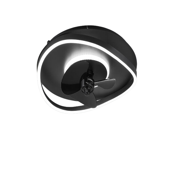Un ventilatore da soffitto moderno nero con luce LED integrata. Le pale del ventilatore sono visibili.