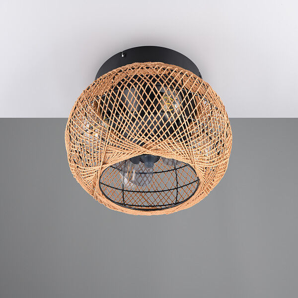 Lampada da soffitto con design a cesto intrecciato e inserto in metallo nero.