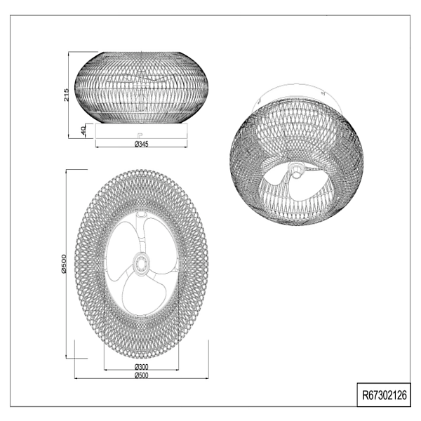 Disegno tecnico di un ventilatore a forma di cesto con dimensioni.