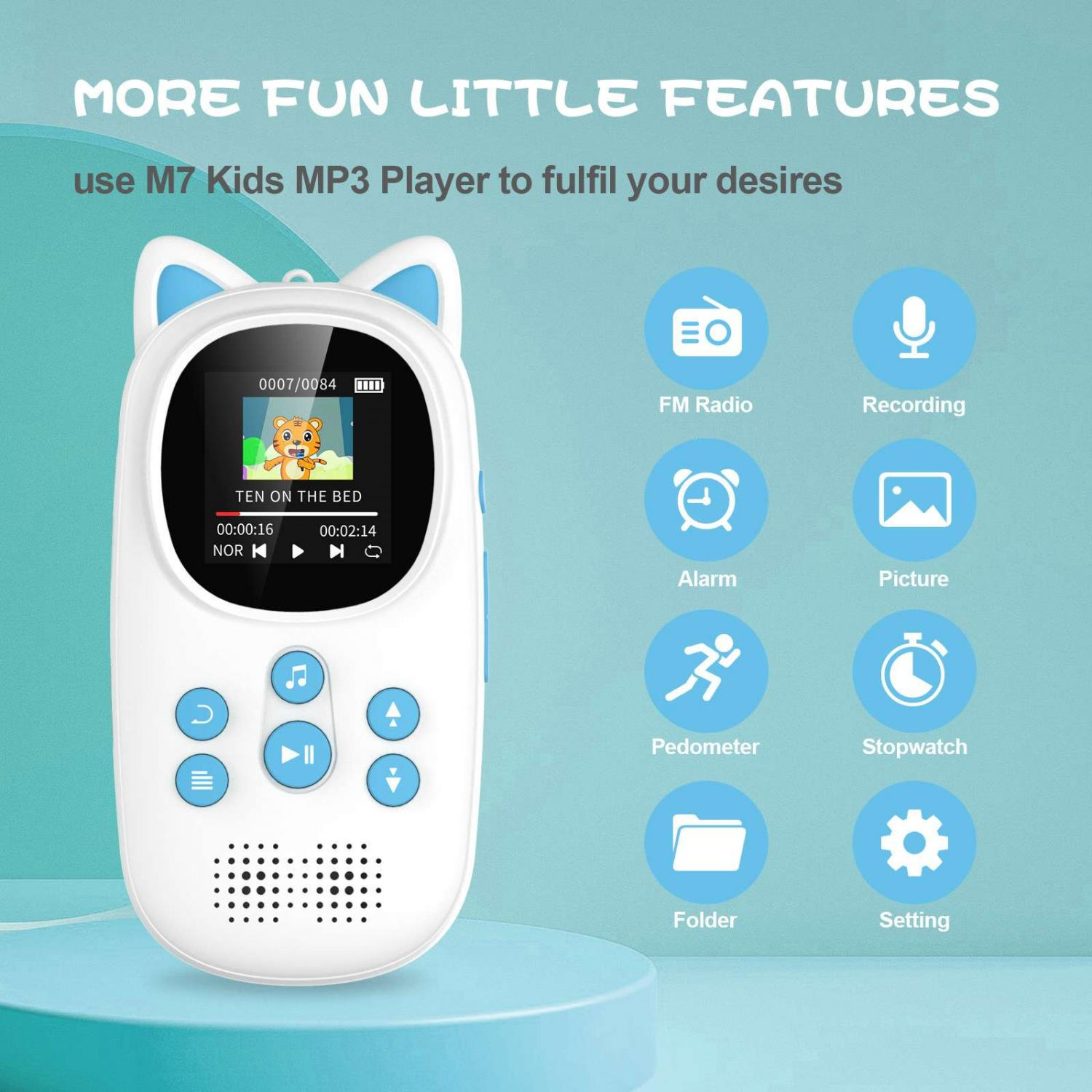 Ein weißer MP3-Player mit Katzenohren zeigt einen Tiger auf dem Bildschirm. Icons für Funktionen.