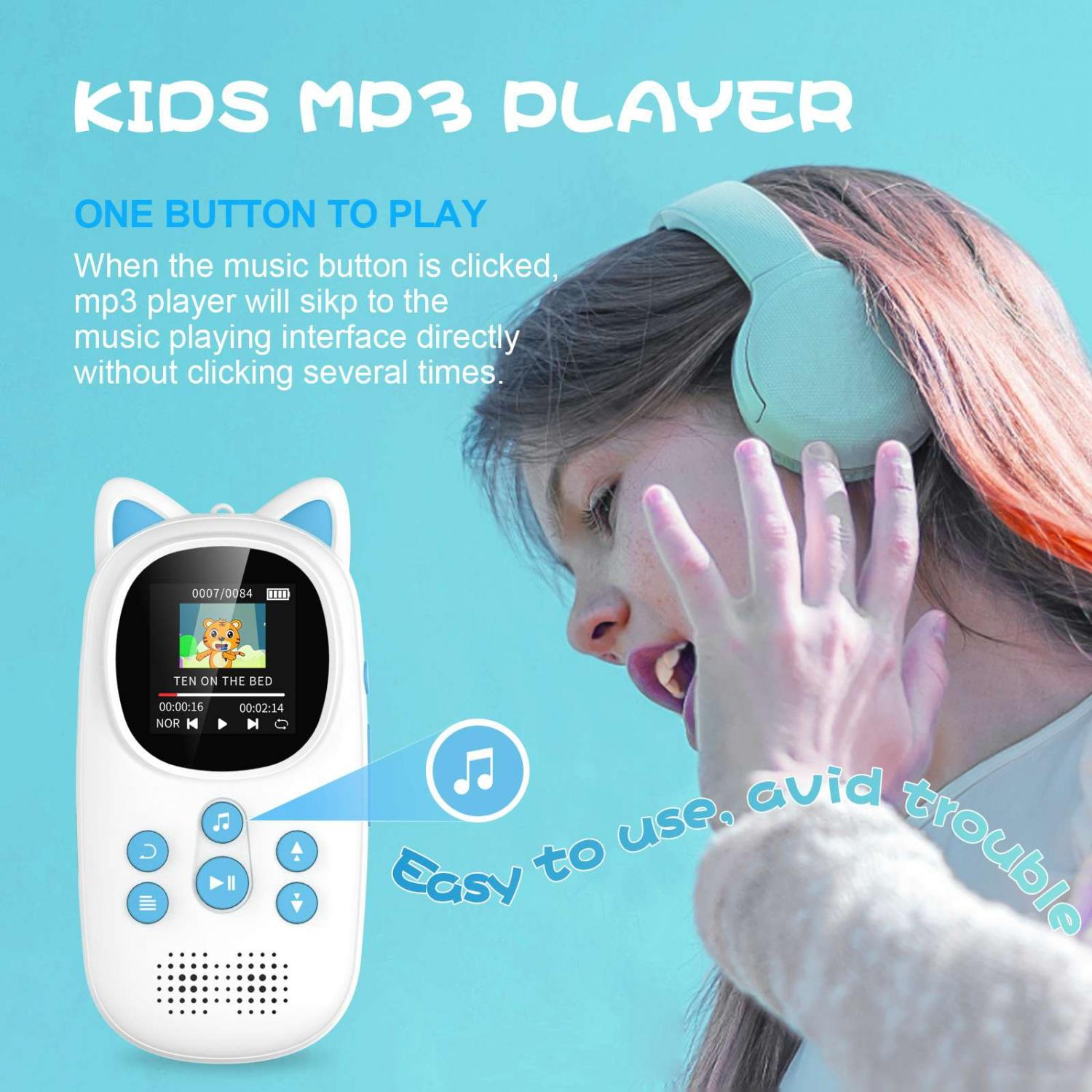 Ein weißer MP3-Player mit Katzenohren und ein Mädchen mit Kopfhörern.