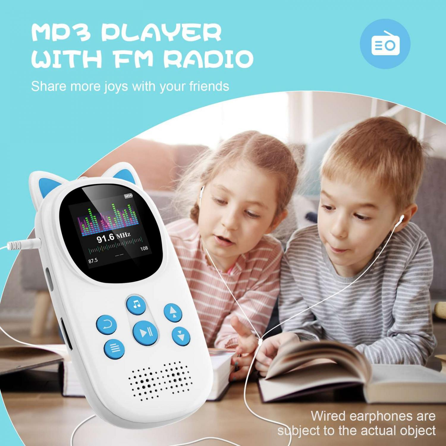 Kinder hören einen MP3-Player mit FM-Radio, der ein Katzenohren-Design und einen bunten Bildschirm hat.
