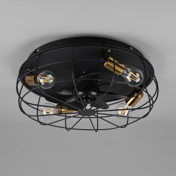 Ventilatore da soffitto nero con cinque lampadine e gabbia.