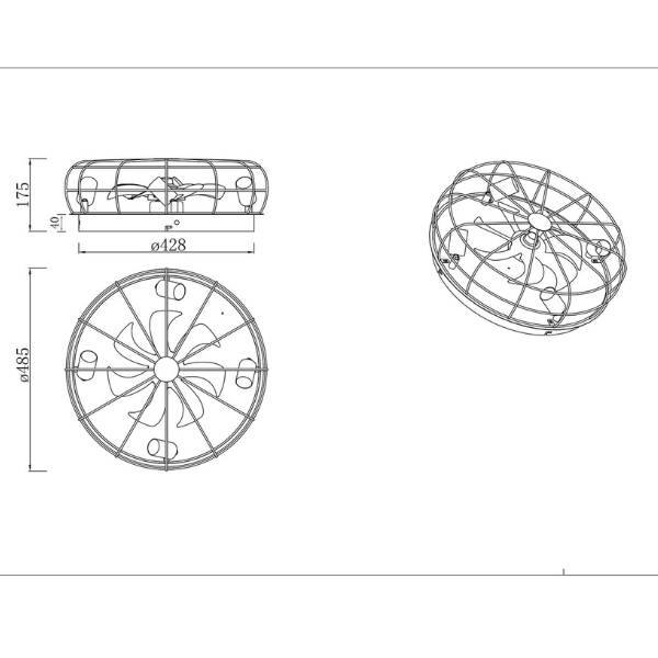 Disegno tecnico di una ventola rotonda con dimensioni e vista dall'alto.
