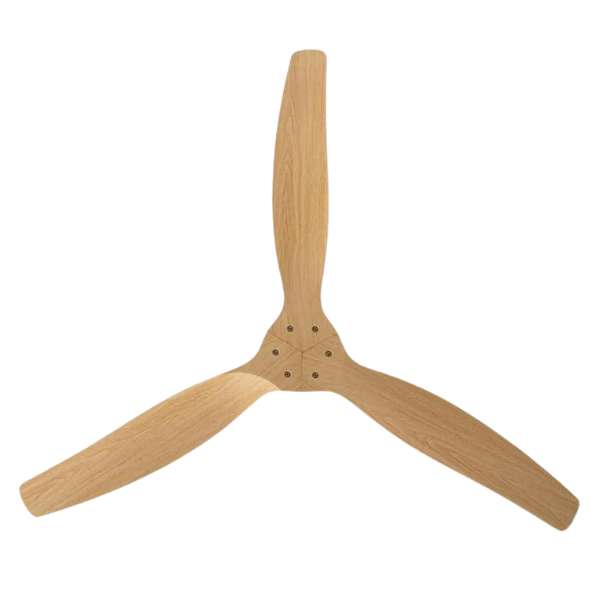 Tre pale di ventilatore in legno che si irradiano da un mozzo centrale.