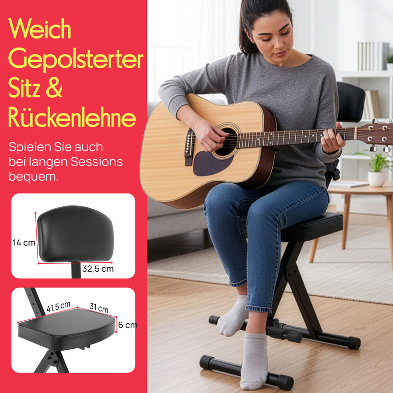 Frau spielt Gitarre auf einem gepolsterten Hocker. Maße angegeben.