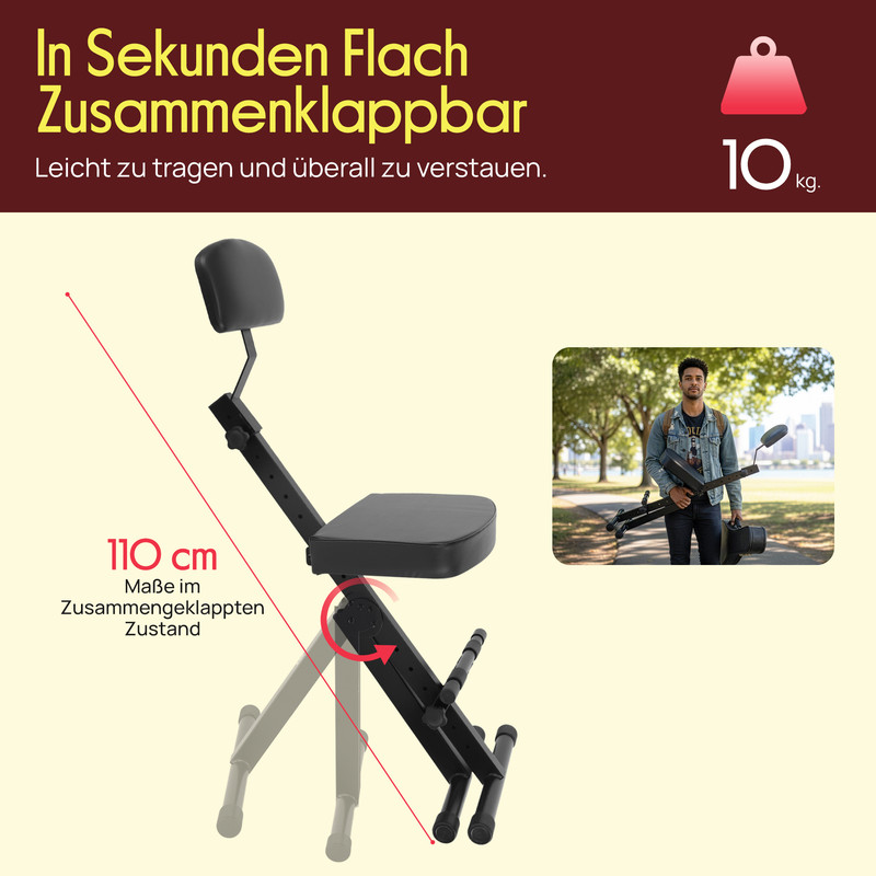 Schwarzer Klapphocker mit Rückenlehne, 110 cm zusammengeklappt, 10 kg.