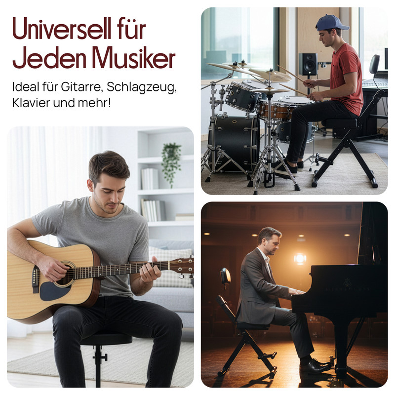 Drei Szenen: Mann spielt Gitarre, Schlagzeuger, Mann spielt Klavier.