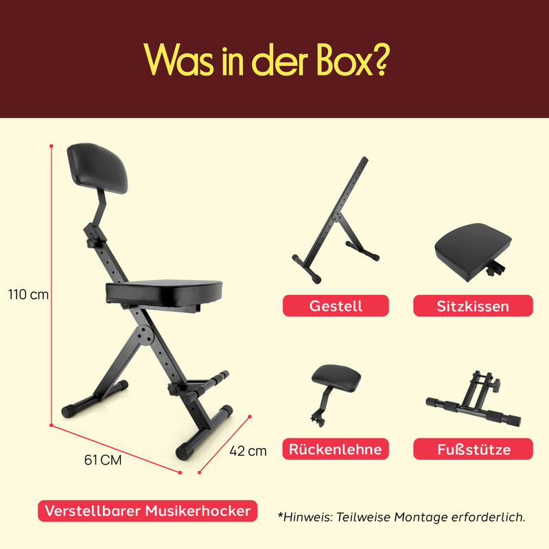 Verstellbarer Musikerhocker und seine Einzelteile: Gestell, Sitzkissen, Rückenlehne, Fußstütze.
