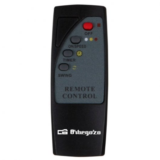 Mando a distancia negro con botones de Off, On/Speed, Timer, Swing.