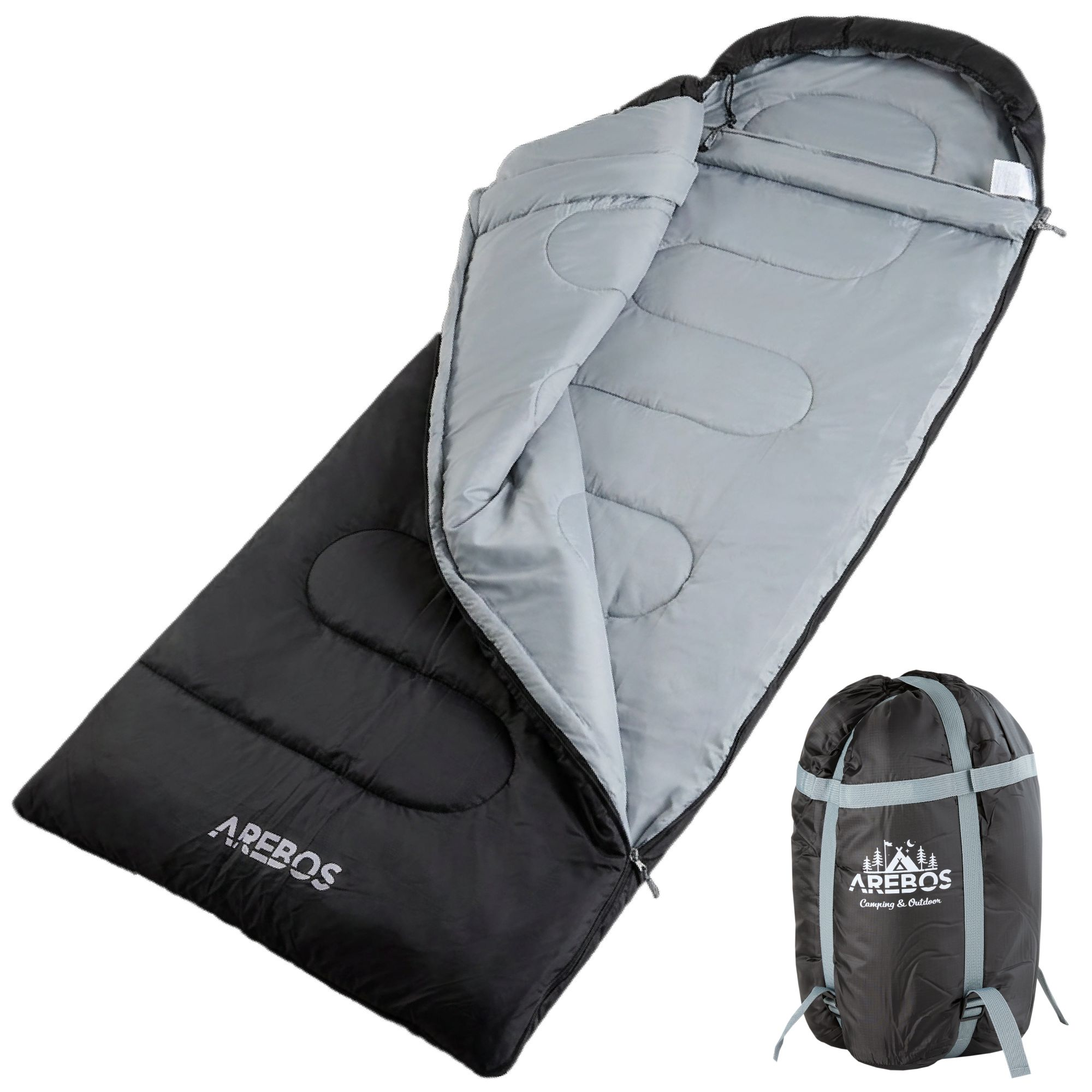 Schwarzer Schlafsack mit grauem Innenfutter, zusammengefaltet in einer Tasche.