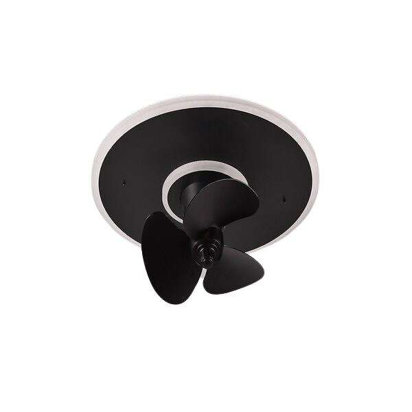 Ventilatore da soffitto nero con tre pale su base nera e bordo bianco.