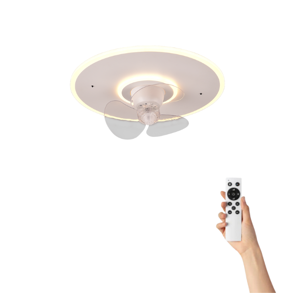 Un ventilatore da soffitto bianco con luce LED e un telecomando in mano.