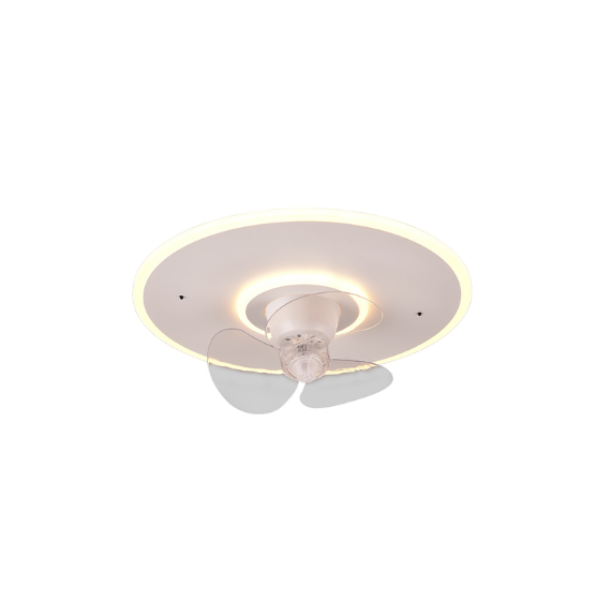 Una lampada da soffitto bianca con ventilatore integrato e illuminazione a LED.
