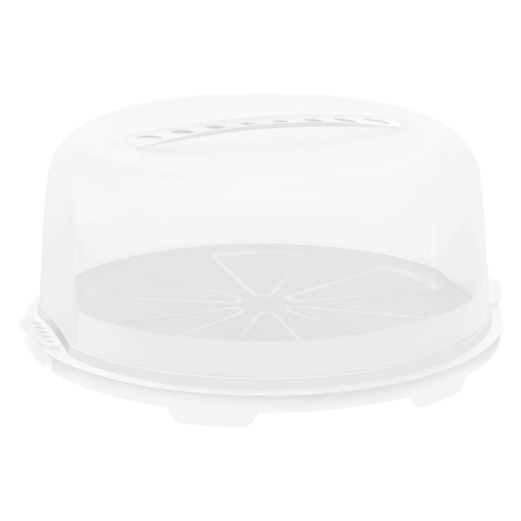 Un porta torta bianco con coperchio trasparente e manico.