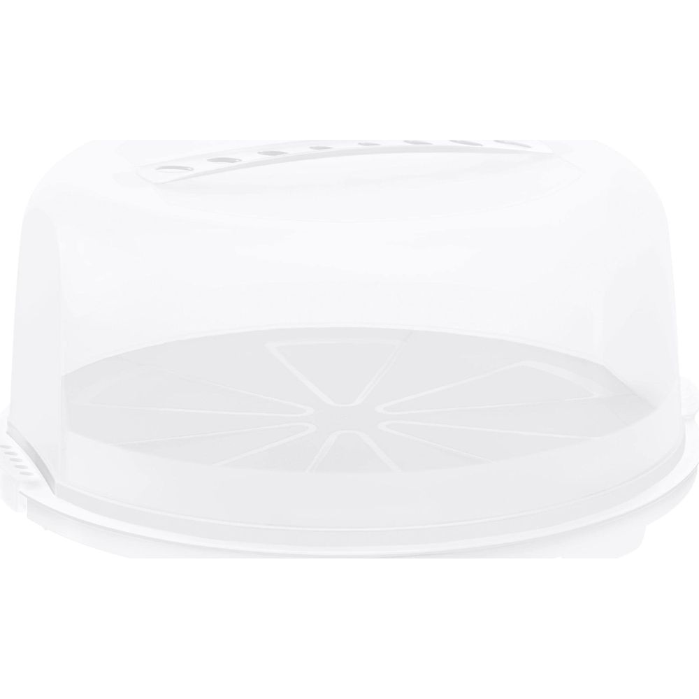 Un porta torta bianco con coperchio trasparente e manico. Isolato.