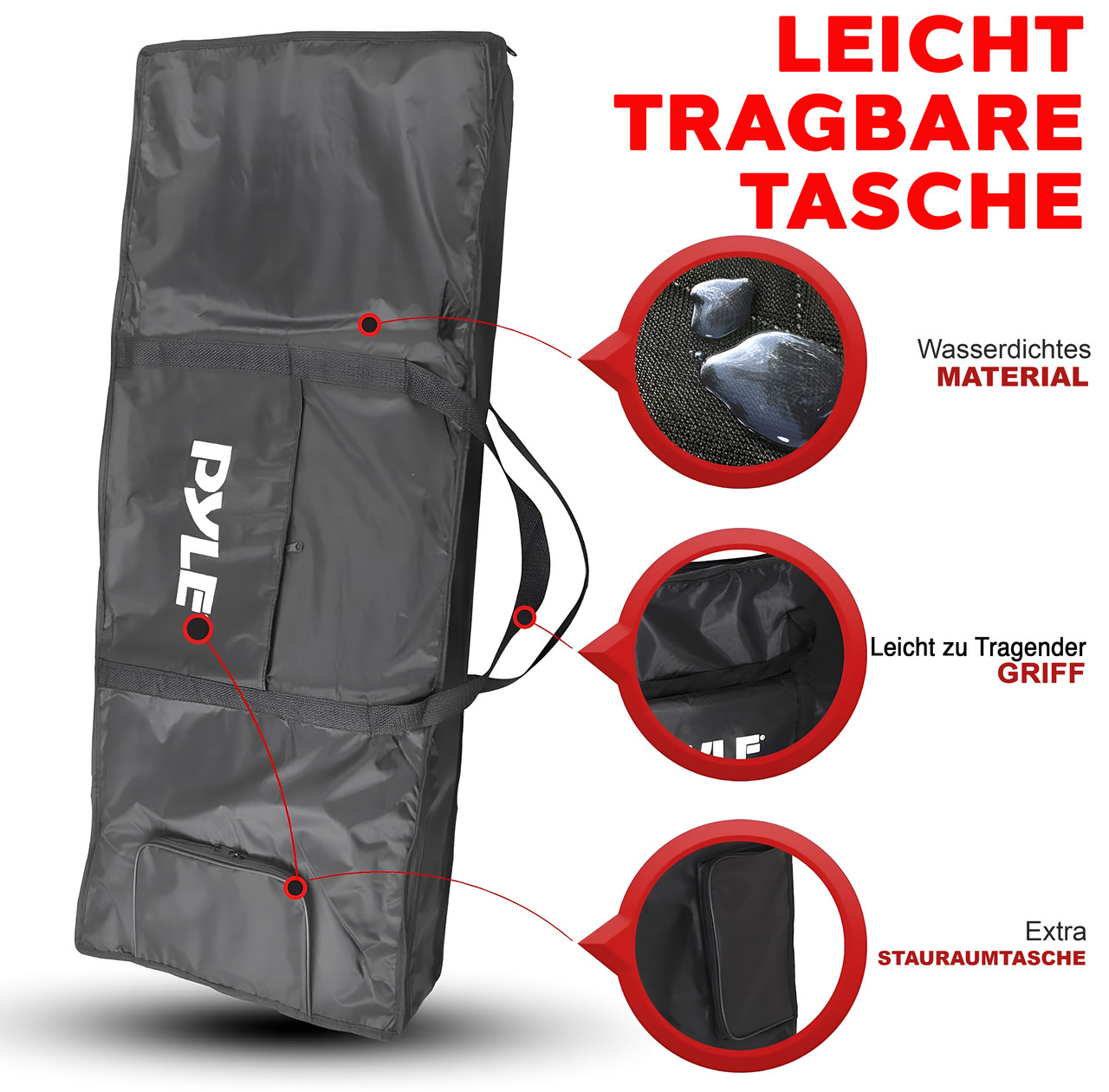 Eine schwarze, aufklappbare Tasche mit dem Pyle-Logo, Wasserdichtigkeit, Griff und Fach.