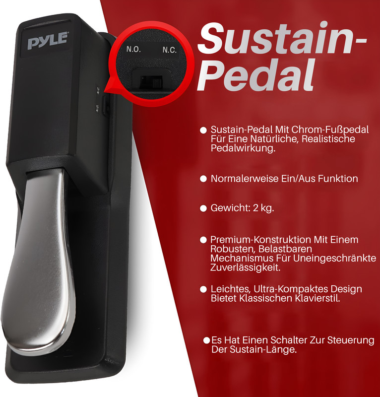 Ein schwarzes Sustain-Pedal mit Chrom-Fußpedal und N.O./N.C. Schalter.