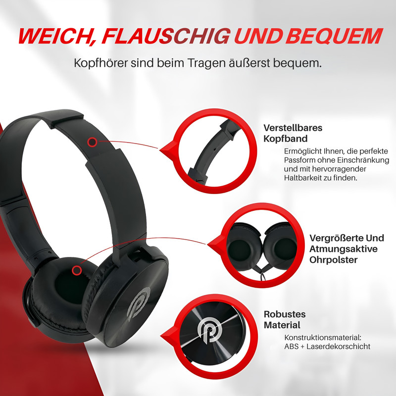 Schwarze Kopfhörer mit roten Markierungen, die verstellbares Kopfband, Ohrpolster und Material zeigen.