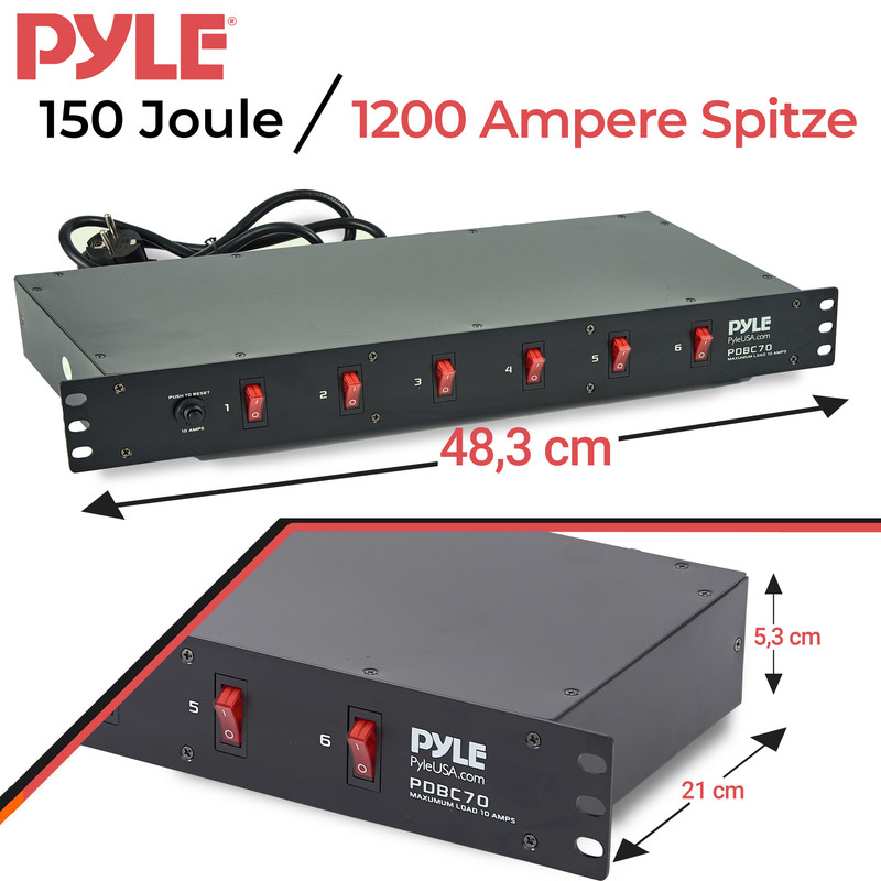 Schwarzes 19-Zoll-Rackmount-Netzteil mit 6 roten Schaltern und Maßen.